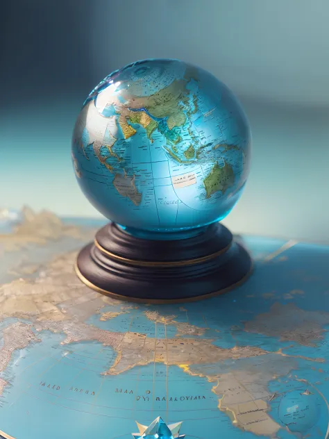 Hyper-realistic、16K High Resolution、(Maximum Sharp Focus:1.3)、(Maximum Close-up:1.5)、(Single crystal ball with pedestal on table:1.5)、(Large bokeh background、blue back light:1.3) 、(only one Crystal Globe、world map :1.5)