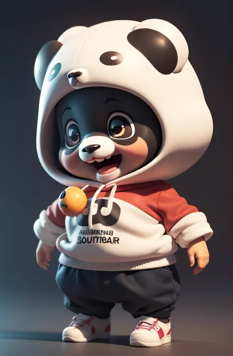 1 Panda Intellectual Property，Cartoon panda，Laughing heartily，（White and red sweatshirt），full body vision，Round eyes，Black background，natural  lightting，8K，tmasterpiece，Top quality，super-fine，Pixar style, 3D style, C4D, blender，oc rendered