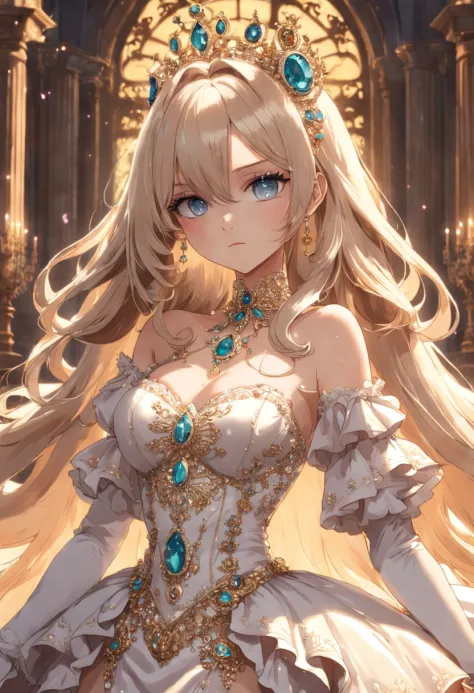 ((anime artstyle)),(Masterpiece),(Best Quality),(Super Detail),(Very Delicate and Beautiful),Solo,((full body,standing pose)),standing in the royal palace,((1 queen in jeweled gorgeous rococo ballgown with voluminous full length hoop skirt)),(crinoline),go...