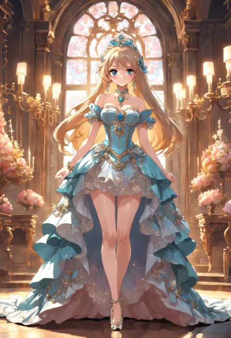 ((anime artstyle)),(Masterpiece),(Best Quality),(Super Detail),(Very Delicate and Beautiful),Solo,((full body,standing pose)),standing in the royal palace,((1 queen in jeweled gorgeous rococo ballgown with voluminous full length hoop skirt)),(crinoline),go...