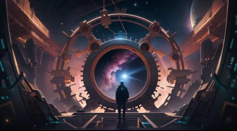 Embark on a fascinating journey，Witness a pair of mysterious eyes gazing through a celestial portal suspended in the sky. The portal unveils a magnificent panorama of an asteroid, Strikingly similar to our own planet. The illustration catches your attentio...