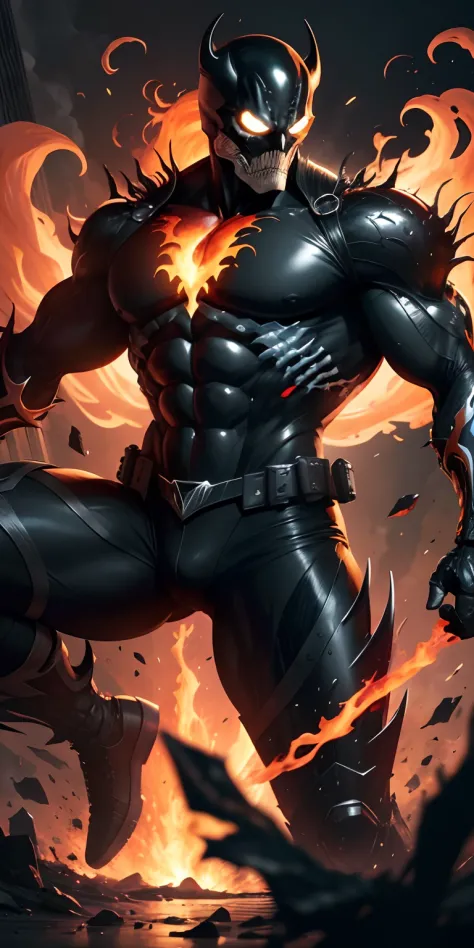 Stunning illustration,ultra 8k resolution, Comic book masterpiece,The fusion of Ghost Rider with the Venom symbiote would result in stunning black armor with fire and flexible with black, yellow and red accents....., combining the iconic Ghost Rider look w...