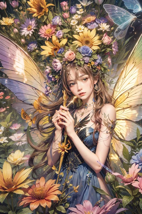 color photo of a flower fairy with transparent colorful wings, holding a magic wand， beautiful, ((ultra-detailed)), (highly deta...