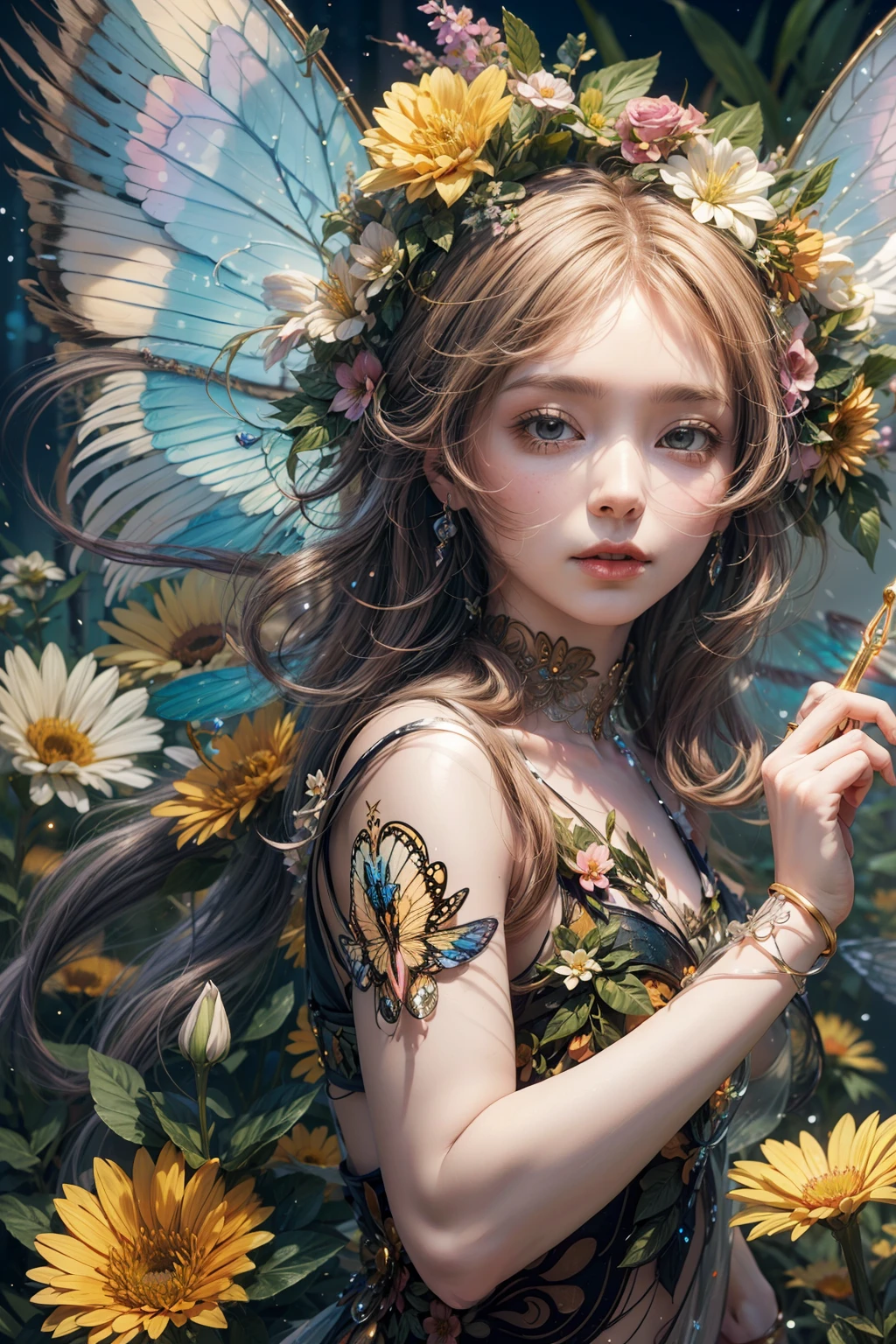 color photo of a flower fairy with transparent colorful wings, holding a magic wand， beautiful, ((ultra-detailed)), (highly detailed illustration), (expressionless), (best quality:1.2), realistic8K UHD, High definition,(masterpiece)