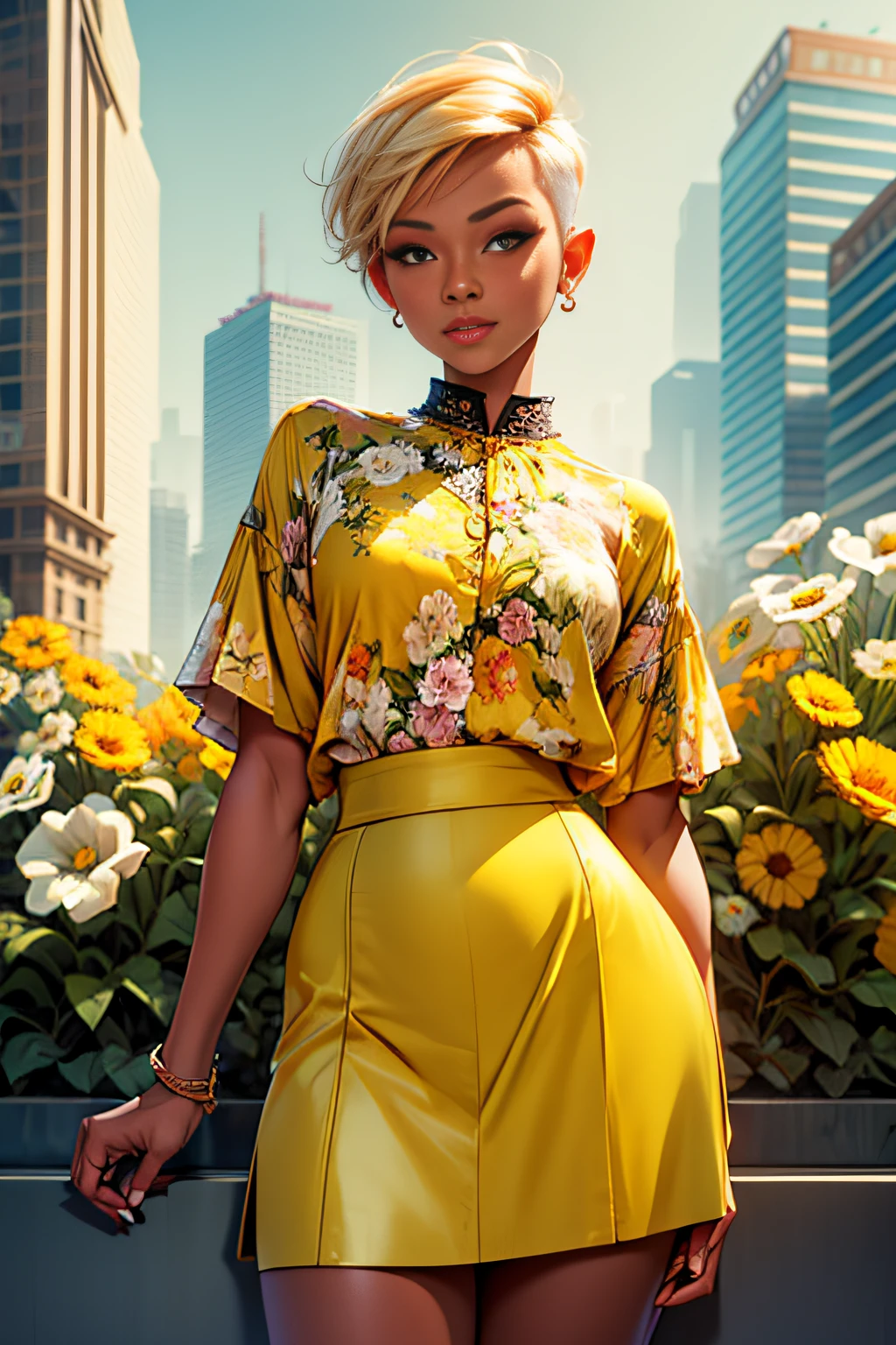 (Masterpiece), (Best quality), woman, Yellow blouse with short hair faded, undercut hairstyle, Floral skirt, Best quality, (Best quality:1.1), Ultra detailed, pondering, Extremely detailed, 8K, City garden, Detailed background