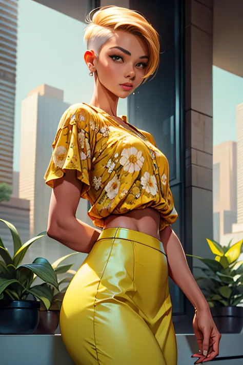 (Masterpiece), (Best quality), woman, Yellow blouse with short hair faded, undercut hairstyle, Floral skirt, Best quality, (Best...