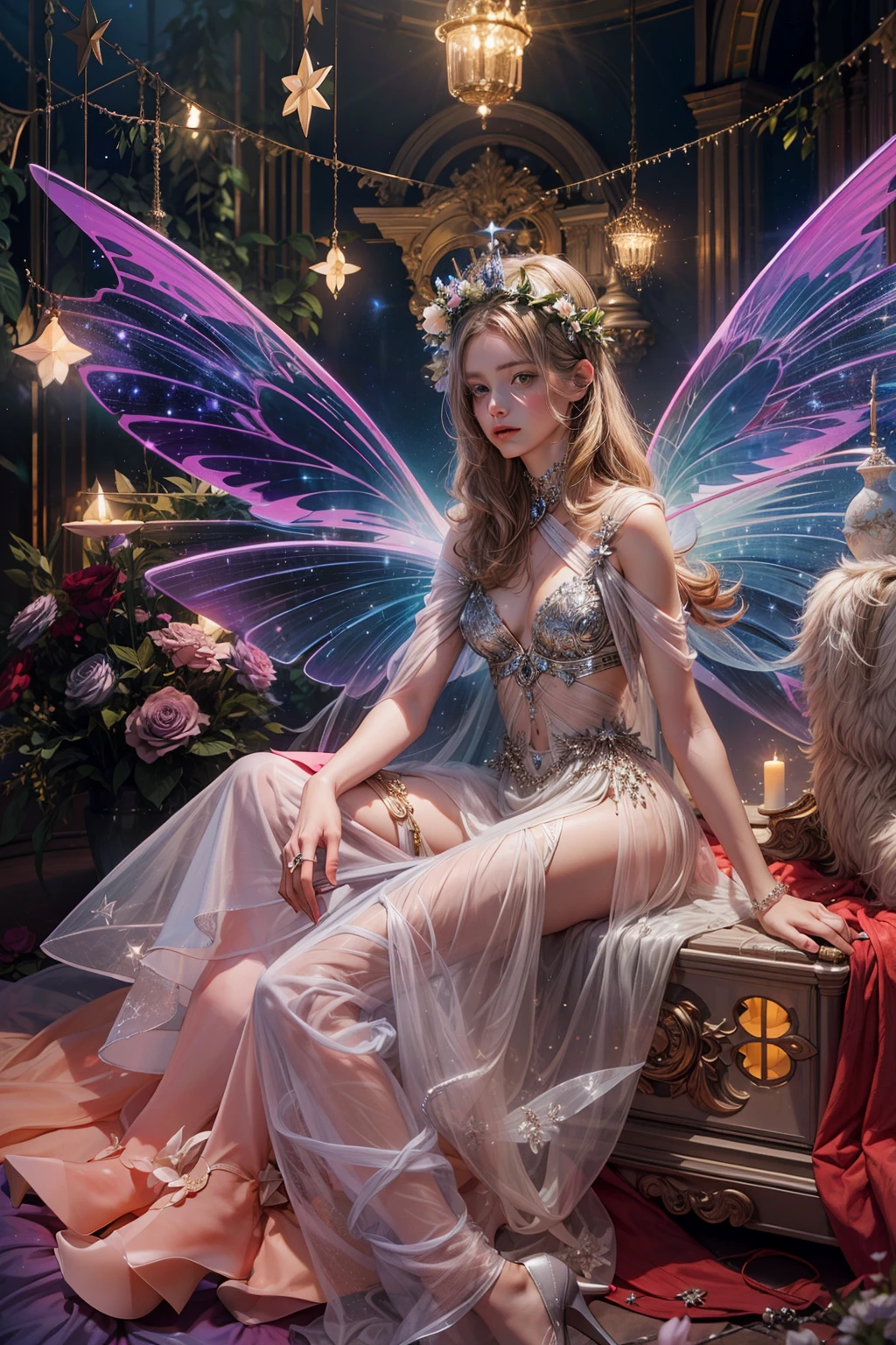 透明でカラフルな羽を持つ神秘的な花の妖精のカラー写真, 神聖な光の中に座る, ネオンライト付き, 魔法の杖を持っている，軸対称, そして素晴らしい背景.シルバードレス, ハイヒール, 花かんむり, 星空の背景, 穏やかで謎めいた表現, ニコン Z7 II カメラ, 富士フイルム ベルビア50フィルム, 50mmレンズ, 高い彩度, ティム・ウォーカー, デヴィッド・ラシャペル, ソフィア・コッポラ, ヴァレンティノ, アレキサンダー・マックイーン