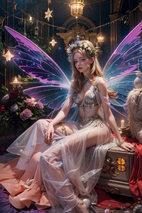 color photo of a mysterious flower fairy with transparent colorful wings, sitting in a divine light, with neon lights, holding a magic wand，axial symmetry, and a magnificent background.silver dress, high heels, flower crown, starry sky background, serene a...