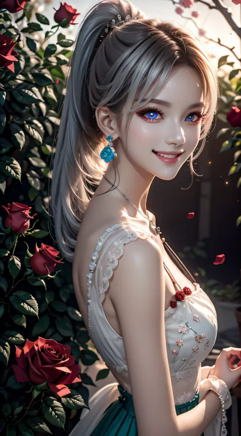 Garden covered with red roses in the background, Silver hair, front ponytail, eyes reflection, red contact lenses, Pink eyes, Fo...