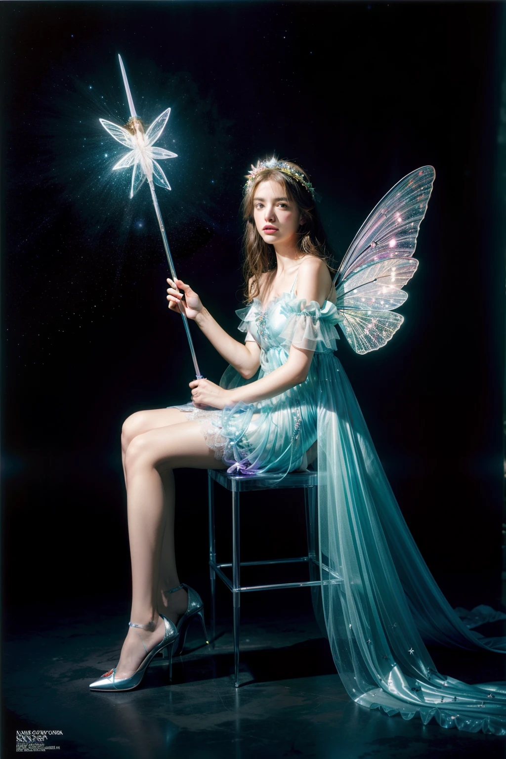 color photo of a mysterious flower fairy with transparent colorful wings, sitting in a divine light, with neon lights, holding a magic wand，axial symmetry, and a magnificent background.silver dress, high heels, flower crown, starry sky background, serene and enigmatic expression, Nikon Z7 II camera, Fujifilm Velvia 50 film, 50mm lens, high saturation, Tim Walker, David LaChapelle, Sofia Coppola, Valentino, Alexander McQueen