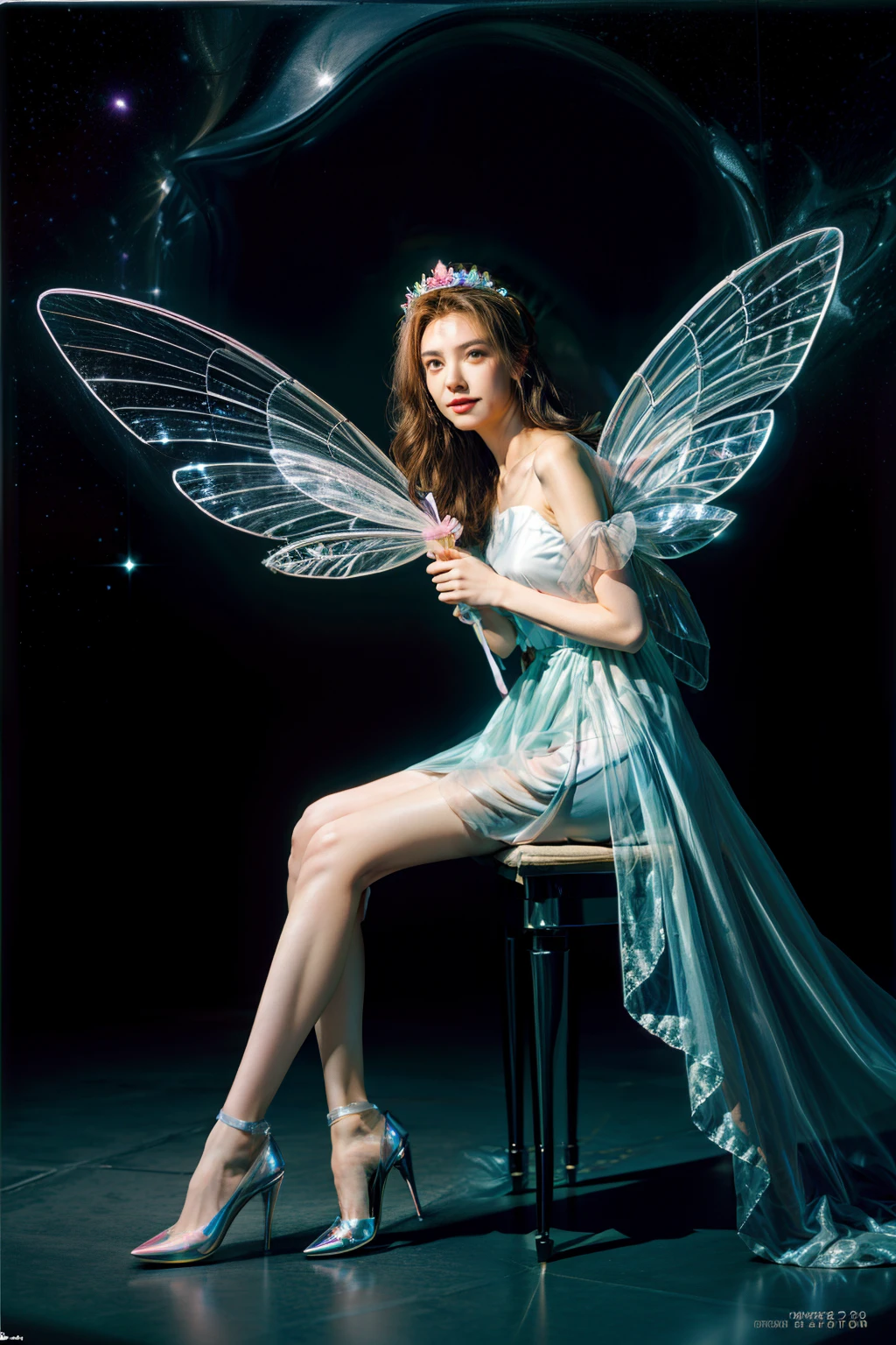 color photo of a mysterious flower fairy with transparent colorful wings, sitting in a divine light, with neon lights, holding a magic wand，axial symmetry, and a magnificent background.silver dress, high heels, flower crown, starry sky background, serene and enigmatic expression, Nikon Z7 II camera, Fujifilm Velvia 50 film, 50mm lens, high saturation, Tim Walker, David LaChapelle, Sofia Coppola, Valentino, Alexander McQueen