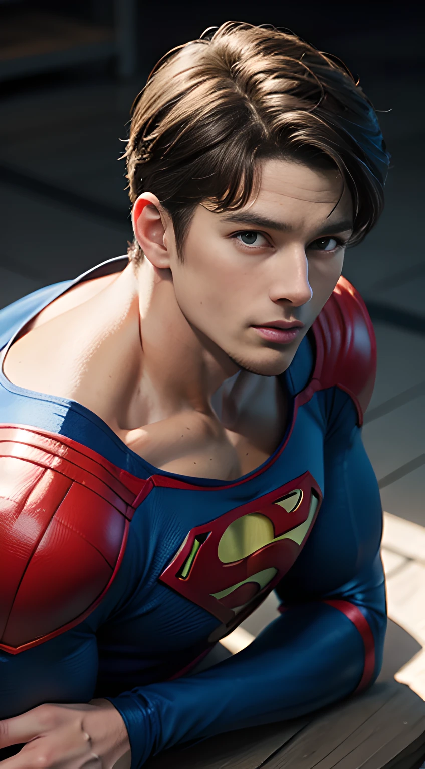 ((Men only)), (head shot), (face only), (kneeling),  (handsome muscular man in his 20s), (superman), (Superman, a fictional superhero, is characterized by his chiseled physique, blue eyes, dark hair, and iconic red and blue costume with a bold "S" emblem on his chest), (Chris Redfield), (Mischievous smile), (detaile: 1 in 1), Natural muscles, HIG quality, beautidful eyes, (Detailed face and eyes), (Face、: 1 / 2), Noise, Real Photographics、... .................................................................................................................PSD, Sharp Focus, High resolution 8K, realisitic & Professional Photography, 8K UHD, Soft lighting, High quality, Film grain, FujifilmXT3
