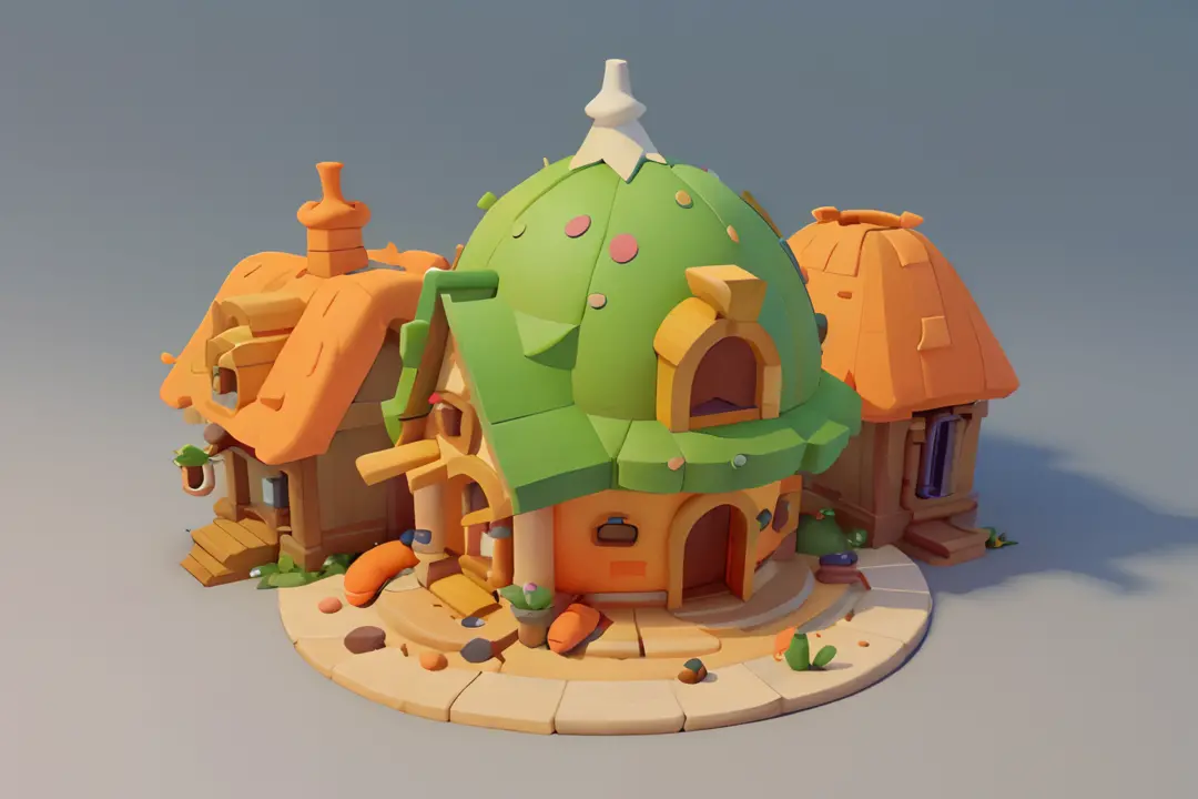 Game architectural design, Cartoony,Carrot house，Radishes match the architecture，casual game style, Carrot building,C4D，closeup cleavage，tmasterpiece，super detailing，best qualtiy