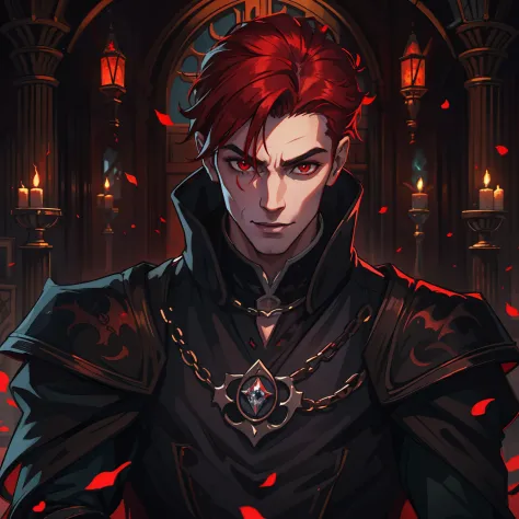 A handsome young man with short red hair and red eyes like a prince in a dark castle of black rocks dark colors he is wearing cl...