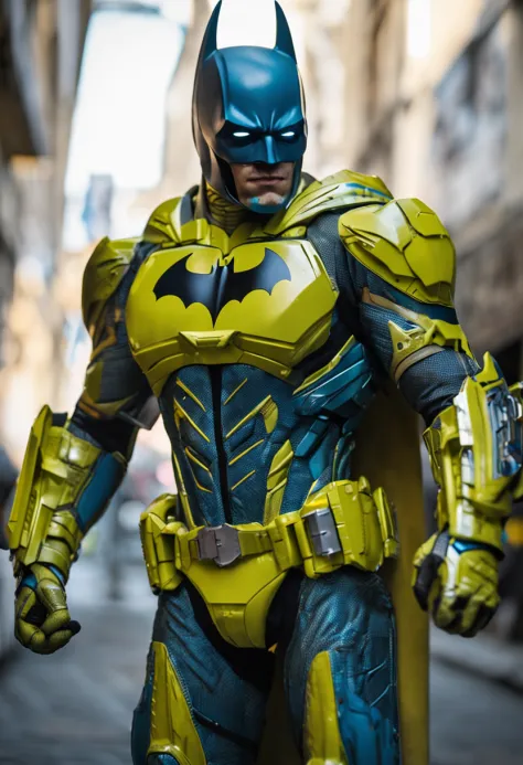 Um batman verde, amarelo e azul, brasileiro, realistic in a titanium cybernetic suit, detalhado, designe perfeito, alta qualidade arestas perfeitas e simetricas  ::n_desenho de estilo, Low-quality imperfection, boneco, jogo, anime