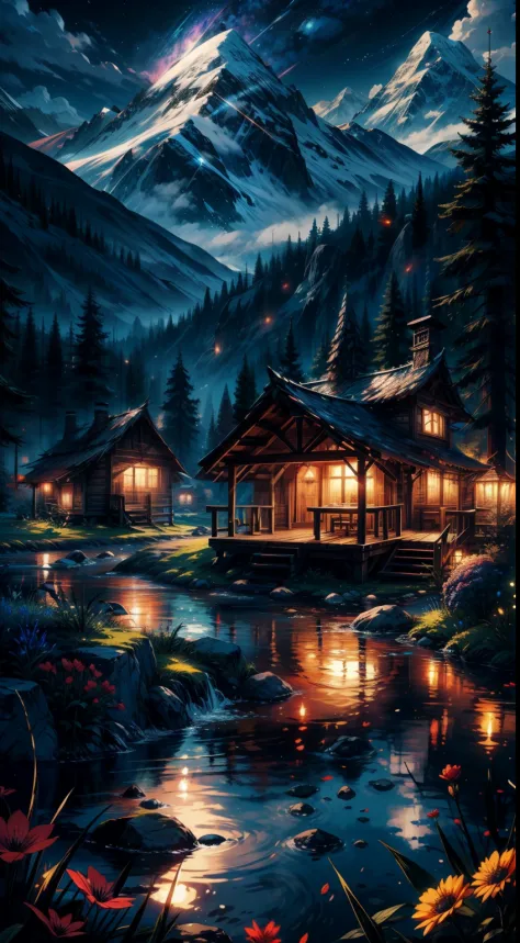 gorgeous, masterpiece, best quality, landscape, highres,4k, wallpaper, trace lights, mountains, intricate, detailed, BREAK mediaval, camp, florest, houses, magical, magic, no_humans, hut, flowers, busy, rpg, lord of the rings, cozy peace,peaceful, stunning...