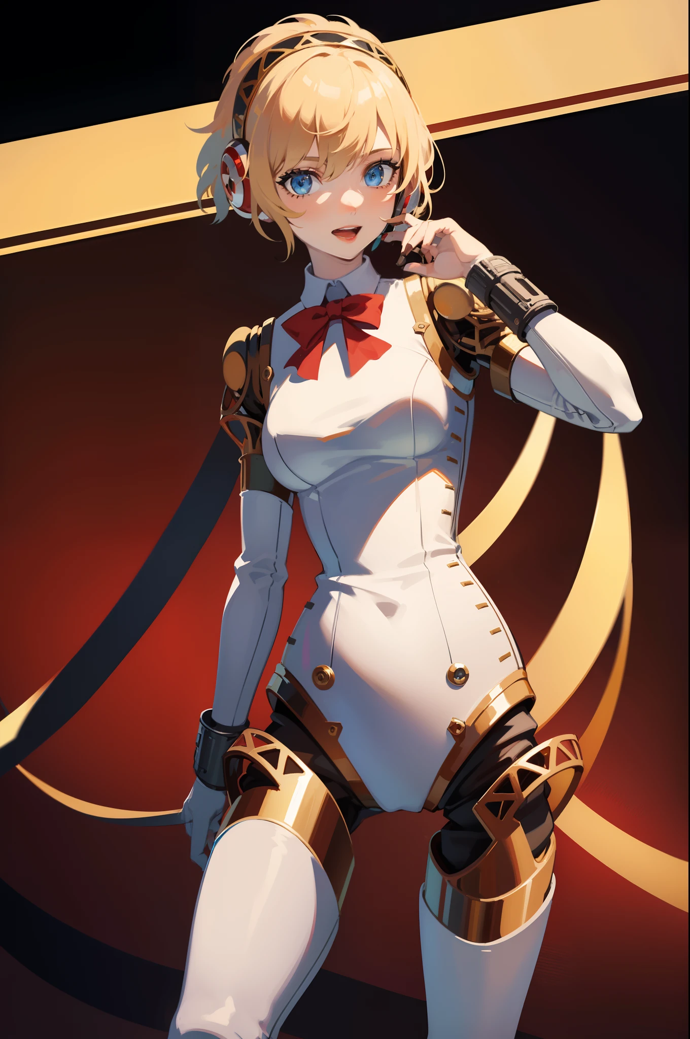 2d, masterpiece, best quality, highly detailed eyes, highly detailed face, cowboy shot, feet out of frame, 1girl, solo, standing, black background, red background, aegis, android, robot joints, headphones, looking at viewer, smile, open mouth, hand on own face, straight-on, blonde hair, white body, mature woman,