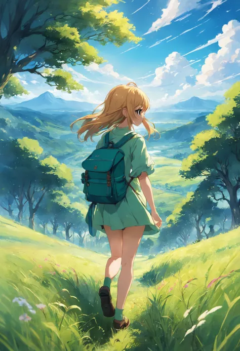 tmasterpiece，Best quality at best，high high quality，the Extremely Detailed CG Unity 8K Wallpapers，The vast sky，Large grasslands，Colorful natural light，In the distance in the middle of the meadow, there was a girl carrying a backpack, wearing a long-sleeved...