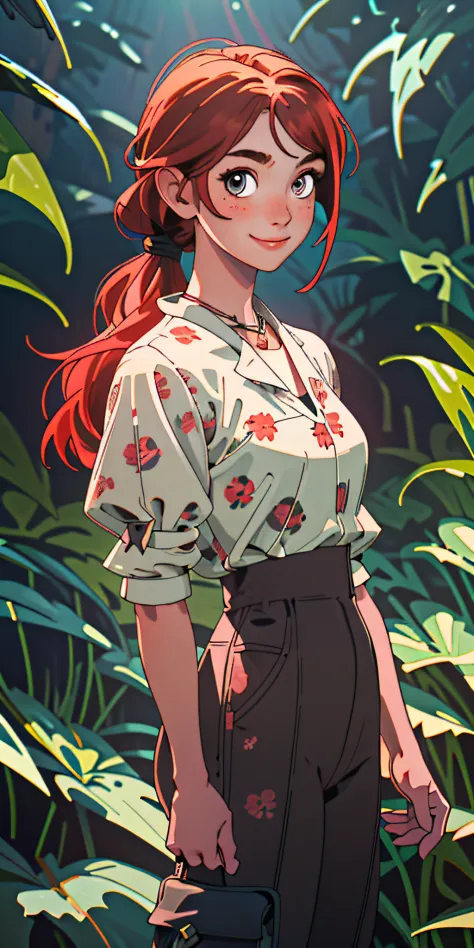 (Masterpiece, Best quality), 1girll, 鎖骨, Wavy hair, view the viewer, blurryforeground, Upper body, necklace, Contemporary, Plain trousers, ((Intricate, print, Pattern)), pony tails, freckle, Red hair, Dappled sunlight, Smile, cheerfulness,
