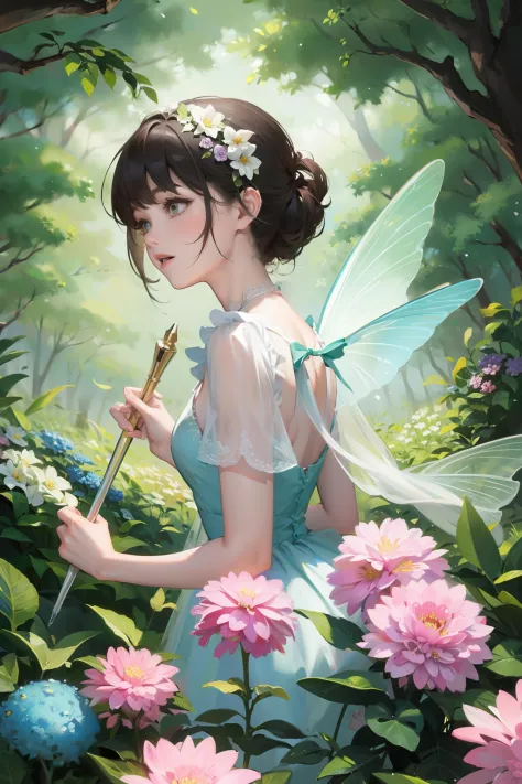 flower fairy, transparent colorful wings, magic wand，the background is forest，fresh flowers，green trees，outstanding quality，illu...