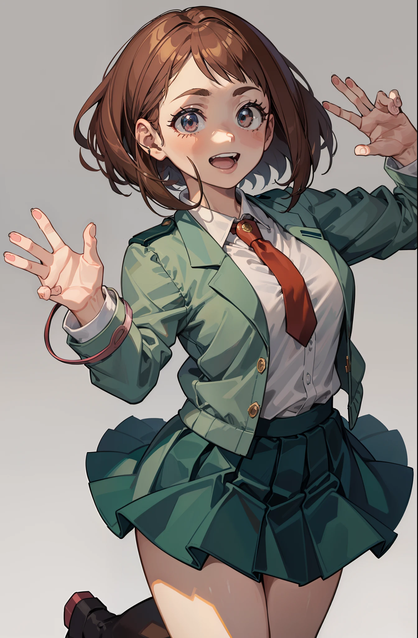 [Ochako Uraraka; boku no hero academia], ((master part)), ((retrato solo)), ((fofo)), ((High definition)), ((anime)), ((Kohei Horikoshi)), ((sombreamento detalhado)), ((detalhes intrincados)), [Ochako; (bochechas coradas, grandes olhos castanhos redondos, cabelos castanhos curtos, short eyelashes, peitos grandes, {(jaqueta verde escura), (camiseta branca), (Saia Azul Escuro)}, {(cara sorridente)}]