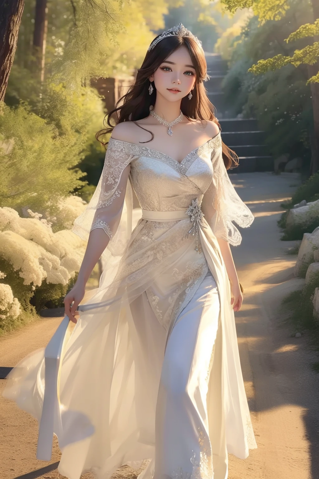 ((top-quality、​masterpiece、photographrealistic:1.4、8K))、1 beautiful detailed girl、extremely detailed eye and face、beatiful detailed eyes、（Princess in armor-style dress）、Luxury accessories、Elegant smile、（Princess running through the forest on a white horse）、Beautiful lighting、Textured skin、Super Detail、high detailing、High quality、hight resolution、（looking at the viewers）、the woods、The sword