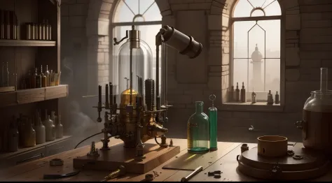 alchemy observatory，ancient alien alchemy furnace，the shell is broken，test tube catheter chemistry instrument with complex struc...