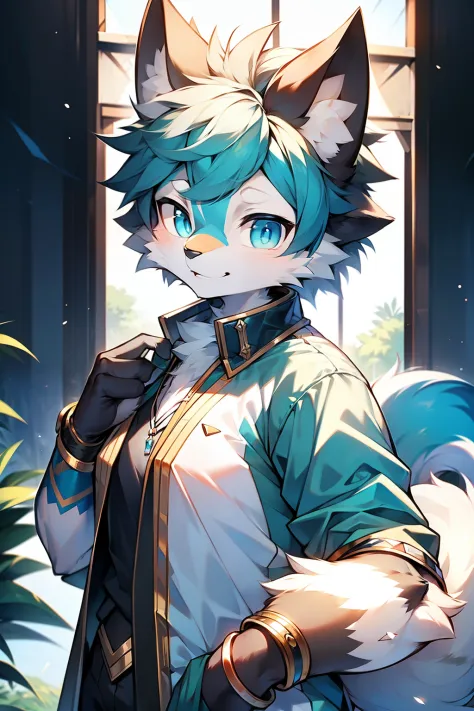 solo person，shaggy male，catss，felid，Blue and white fur，Hair is black，blue colored eyes，Detective，The ears are mostly black，A small portion is white，Anime style cat with blue eyes and black tail， fursona art， very very beautiful furry art，， Furry art!!,Fraf...
