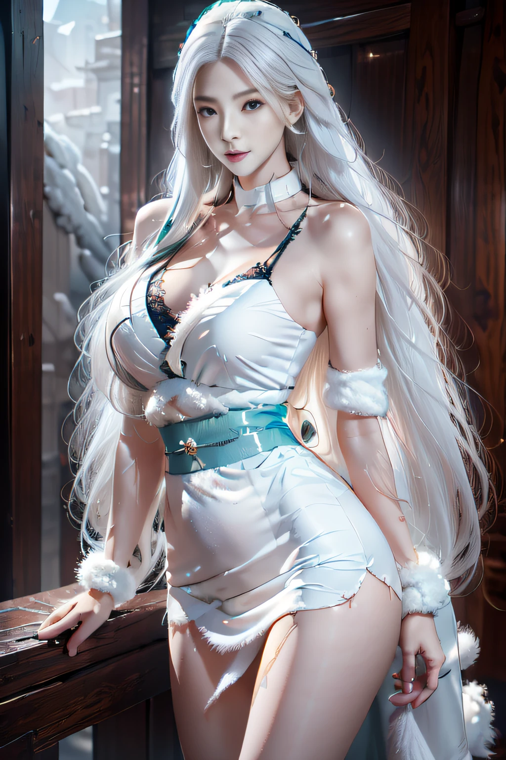 Dark fantasy, Full body shot, 1 Lady, White and light green_blue kimono, (Inverted triangle shaped face:1.1), (Messy and fluffy long white hair，Freeze motion:1.22), hair lighting, Dignified Expression, Smile, Blazing smoky snow-white eyes, Sky blue nails, sandals, (Blizzard snow mountain background with bioluminescence:1.2), crayon art, Oil painting coloring, catch light, Smooth and flawless skin, fine detail skin, Dynamic pose, Rich palette of dark tones, Intricate detail textures, intricately details, Tonal contrast, toon rendering, Super fine illustration, hyper qualit, Best quality, High quality, insanely details, 16k, Extremely detailed,
