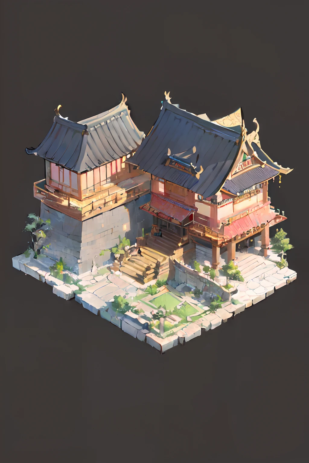 [:(black background:1.5):40],(isometric:1.5), (masterpiece, top quality, best quality, official art, beautiful and aesthetic:1.2),(16k, best quality, masterpiece:1.2),architecture,  east asian architecture, (simple background:1.5), scenery, no humans, stairs, building, wall, doorstep buildings, stairs, Chinese architecture,(dark night:1.5)