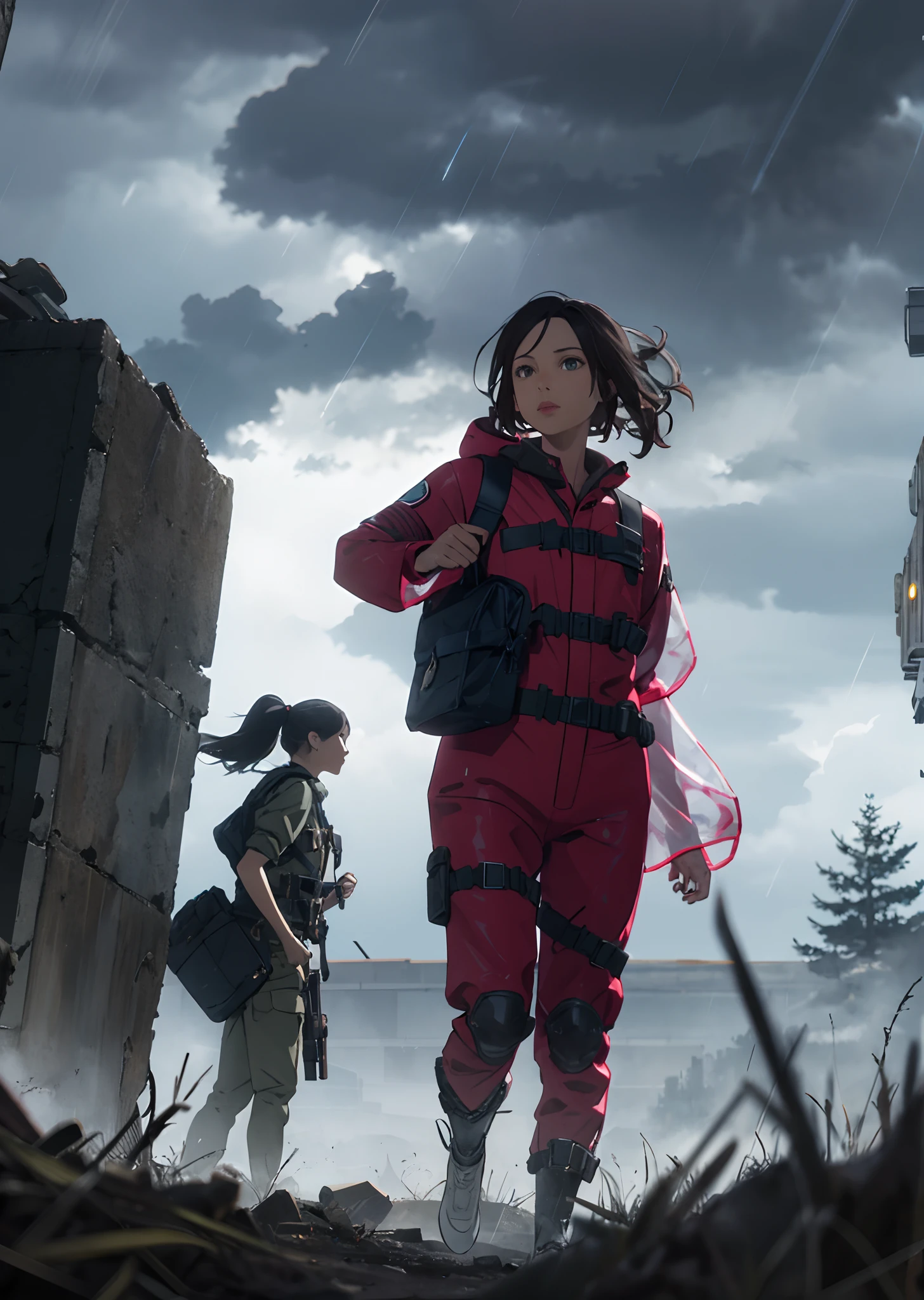 The pink girl wears a storm suit and carries a bag on the battlefield