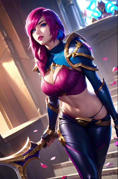 (League of Legends:1.5),  fiora, 1girl, solo, breasts, looking at viewer, short hair, bangs, blue eyes, gloves, holding, medium breasts, weapon, pink hair, red hair, multicolored hair, parted lips, pants, sword, indoors, cape, holding weapon, armor, hair o...
