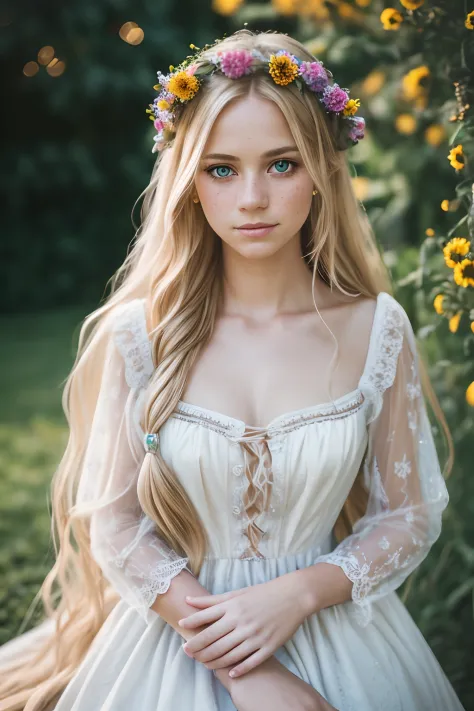 Details and realistic portrait of Rapunzel maid，There are several freckles, Long messy blonde hair, Colorful and charming eyes, ...