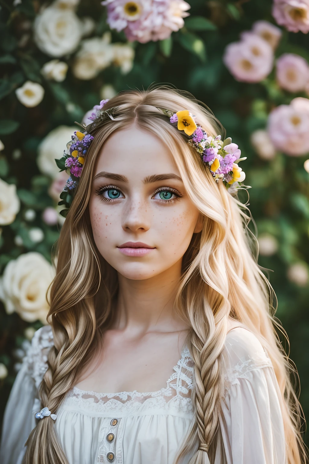 Detalhes e retrato realista da criada da Rapunzel，Existem várias sardas, cabelo loiro longo e bagunçado, Olhos coloridos e charmosos, vestido escuro fofo, iluminação natural suave, Fotografia de retrato, fotografia mágica, iluminação dramática, Realismo fotográfico, Ultra-detalhado, composição de retrato íntimo, flores no fundo, Leica 50mm, F1. 4,