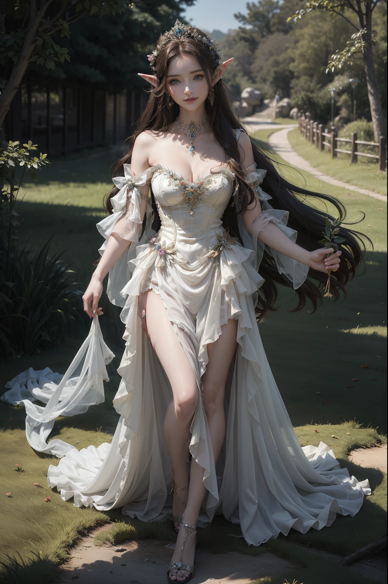 ((top-quality、​masterpiece、photographrealistic:1.4、in 8K))、Beautuful Women、Beautiful expression、extremely detailed eye and face、beatiful detailed eyeystical dress、Princess）、Luxury accessories、（Elves strolling through the mysterious forest）、Cinematic lighting、Textured skin、Super Detail、high detailing、High quality、hight resolution、Looking at Viewer、Elegant smile、Full body、elf