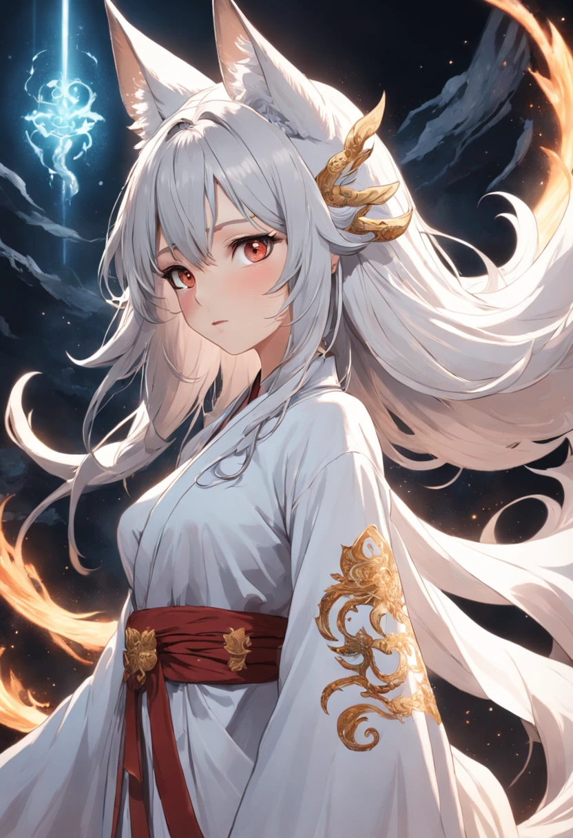 a close up of a woman with a white dress on, white-haired god, flowing white robe,flowing magical robe, Nine-tailed demon fox, wearing a long flowing robe，Fox ears，fox demon，highly  detailed，（（tmasterpiece）），（Impasto），iintricate，church painting，（（（1个Giant Breast Girl））））Picture frame，fanciful，Exquisite steppe，sorceress woman，Shepherds have gray hair，（Nice face），Beautiful detailed face，Extremely delicate and beautiful girl，Under a big tree，sunny clear sky，ventania，beautiful sky，cumulus cloud