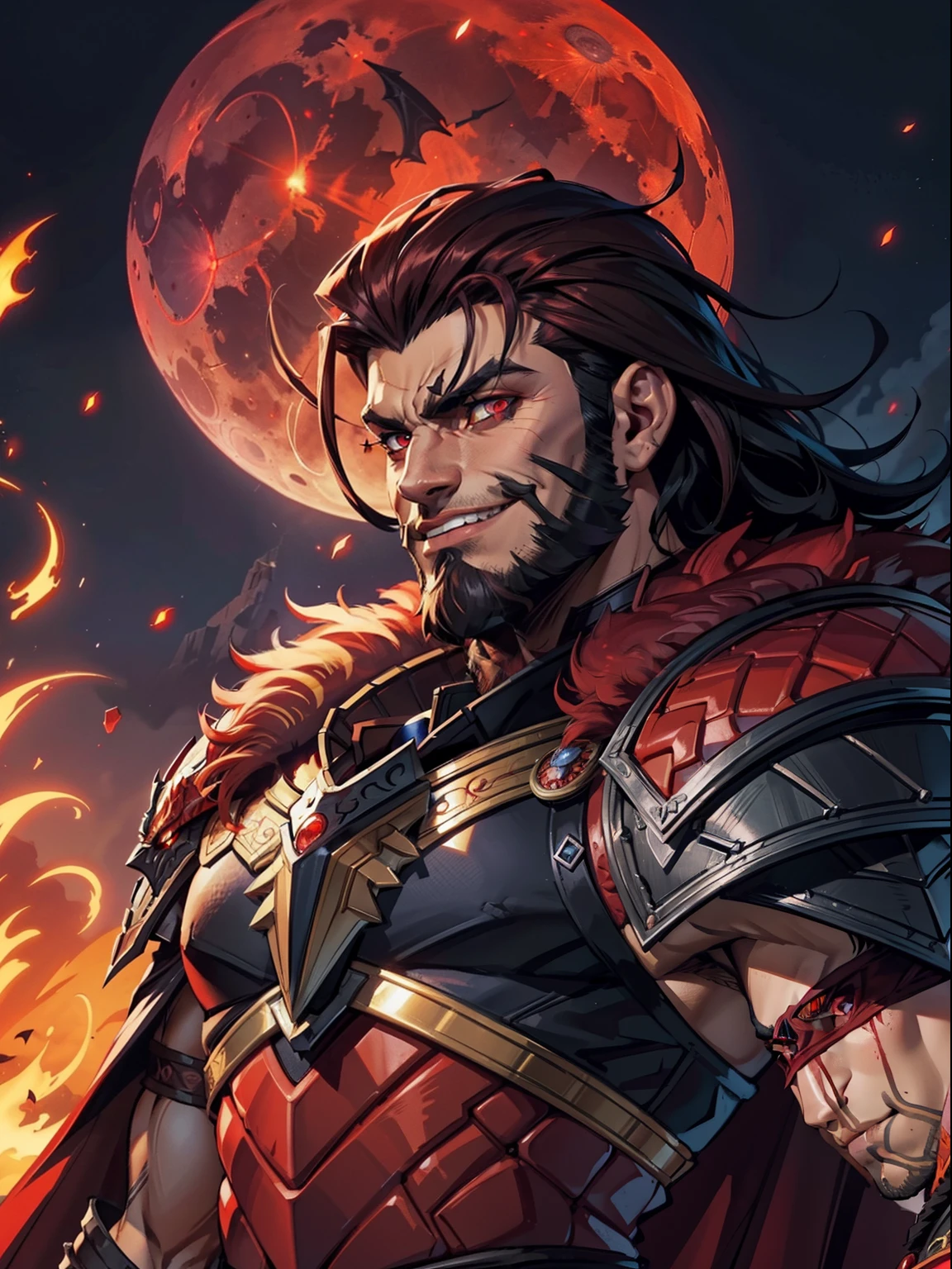 Dark night blood moon background, Hades style, game portrait. Sadurang from Marvel, hunk, buffed physics, short mane hair, mullet, defined face, detailed eyes, short beard, glowing red eyes, dark hair, wily smile, badass, dangerous. Wearing full armor with red dragon scales, cape of furs.  Breath fire.