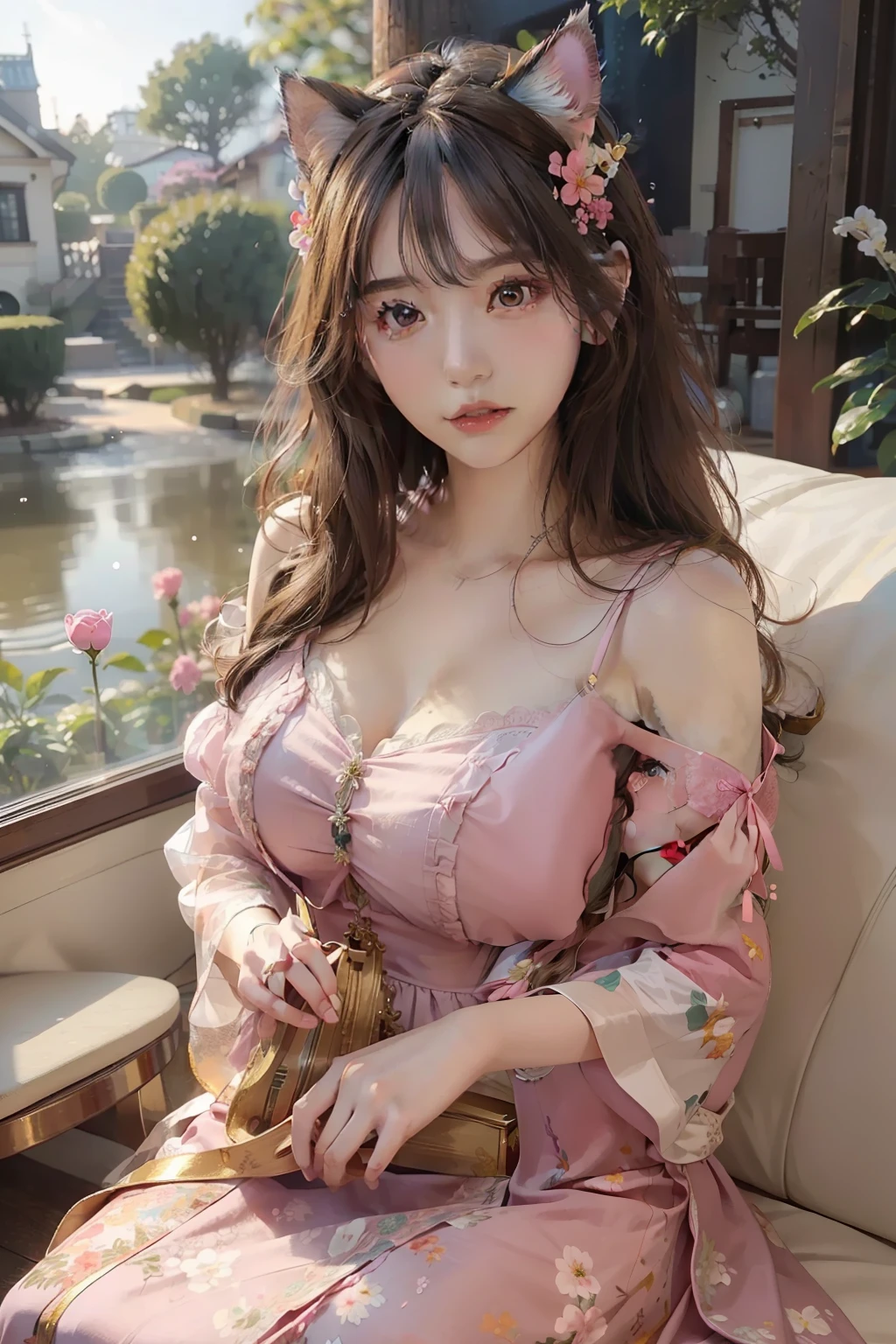 ((top-quality、​masterpiece、photographrealistic:1.4、8K))、kawaii girl、cat ear、extremely detailed eye and face、beatiful detailed eyes、（Princess in a fluffy cute dress）、pink  dress、Luxury accessories、innocent-looking face、（Flower garden）、Beautiful lighting、Textured skin、Super Detail、high detailing、High quality、hight resolution、（looking at the viewers）、lots of flower、blue open sky