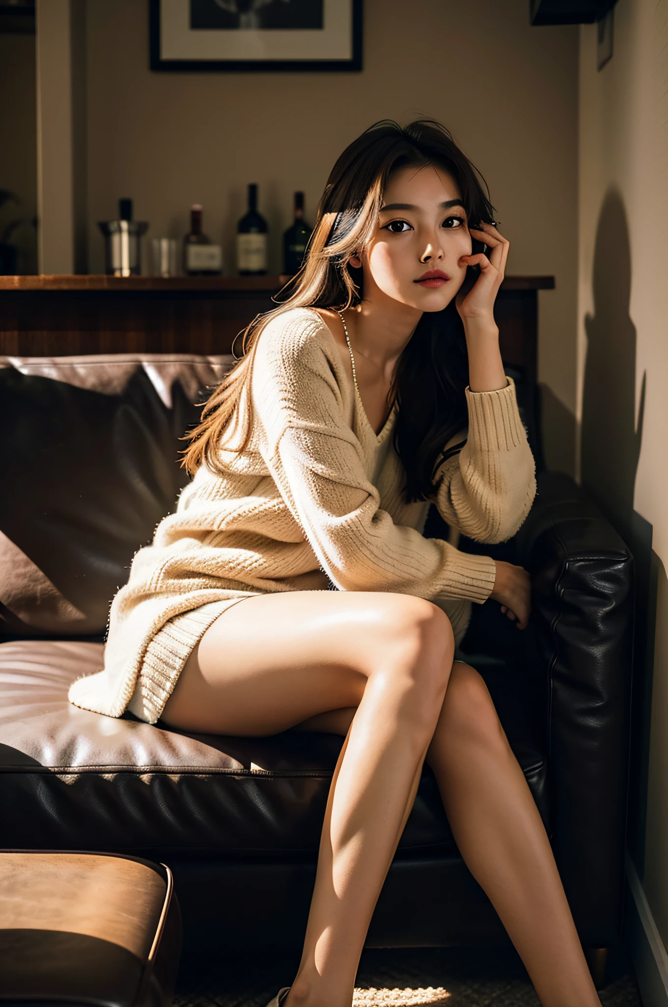 1girl,sitting on a cozy couch,crossing legs,soft light, inside bar