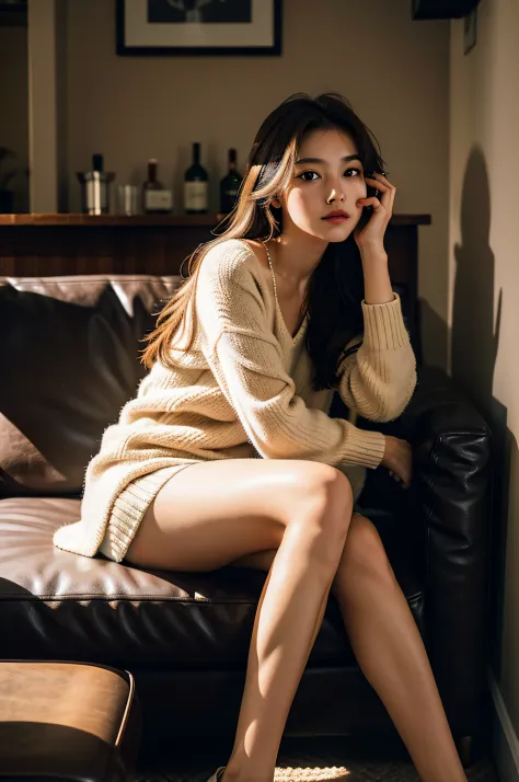 1girl,sitting on a cozy couch,crossing legs,soft light, inside bar