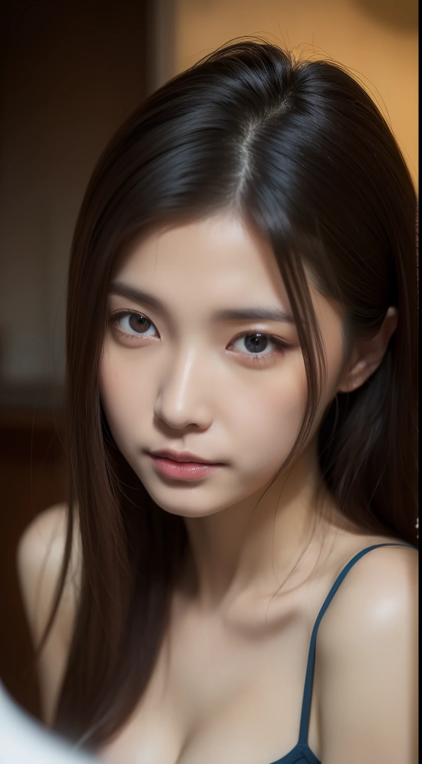 realistic photos of 1 cute Korean star, absurdly long hair, hair ribbon, white skin, thin makeup, 32 inch breasts size, slightly smile, wearing tank top, in Chinese restaurant, close-up, emphasis lines, Conceptual art, UHD