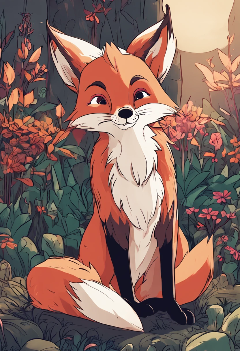 Un gros plan d'un renard de dessin animé assis dans un champ de fleurs  - SeaArt AI