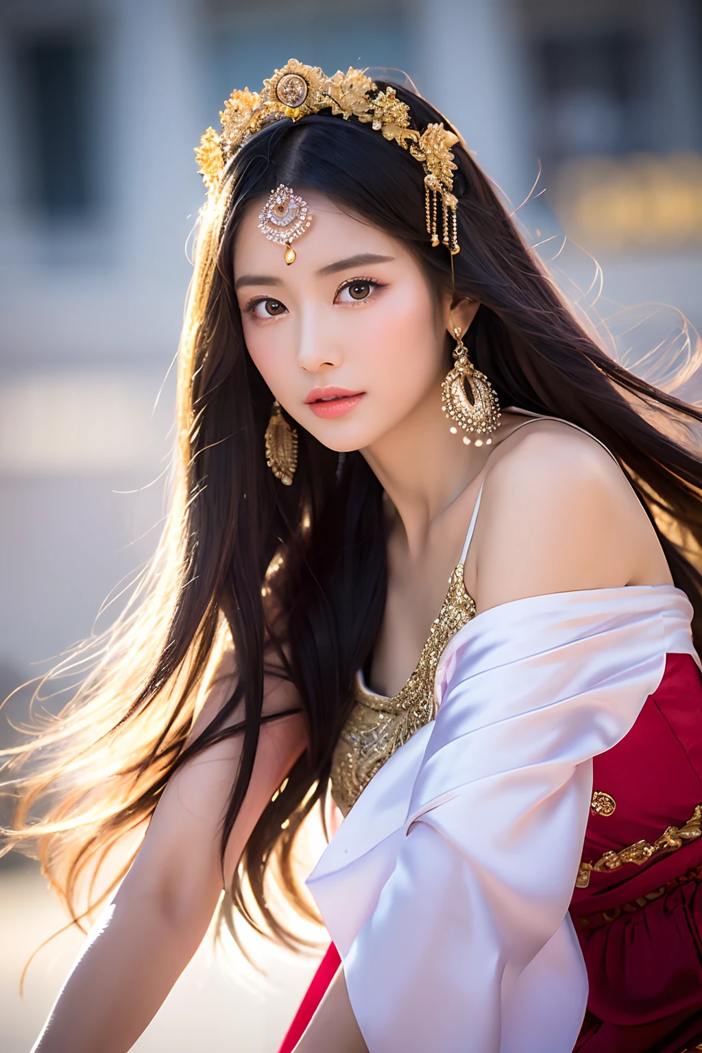 A woman wearing gorgeous clothes in ancient China, superlative, long black hair, Chinese-style headdress, intricate and detailed jewelry, blingbling jewelry, wearing Dunhuang-style clothes, like a fairy descending, full of wisdom, fresh temperament, fair skin, long black hair, flowing long hair, messy and scattered hair, afternoon sunset, edge lighting, best light and shadow, best shadow, sparkling, dreamy picture, snowy mountains in the distance, complex clothes, flying Ayara, There is a kind of scent, body fragrance, petals, surrounded by petals, outside the temple in Tibet, 1girl, ultra HD, complex light and shadow, dancing, light makeup, big eyes, long eyelashes, slim, good-looking long legs, thin waist, will be deeply attracted by the characters in the painting, the most beautiful woman in the world, 25 years old, mysterious, bare feet, gold on the head, wearing a bracelet, expression seduction, pink blush, looking at the audience, extraordinary temperament, (half), detailed face, detailed face, ultra HD, 8K, Real skin, hyper-realistic, surrealism, complex clothes, backlight is the red of the sun, super light and shadow expression, clothes are very gorgeous, dunhuang_style_close, Chinese architecture, biting clothes, making shy expressions, looking at the camera, (bust close-up), (side: 1.3), overhead lens, sun flare, (clothes are very long satin falling everywhere), art style, decorative painting style composition, full of color, normal beautiful eyes, lens sense, Dynamic, dance movements