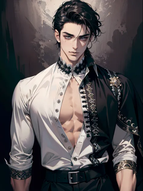 (masterpiece, best quality:1.2), (absurd res, high res, ultra detailed), 1 male, adult, handsome, tall muscular guy, broad shoulders, shiny black hair, finely detailed eyes, portrait, looking at viewer, solo, half shot, detailed background, detailed face, ...