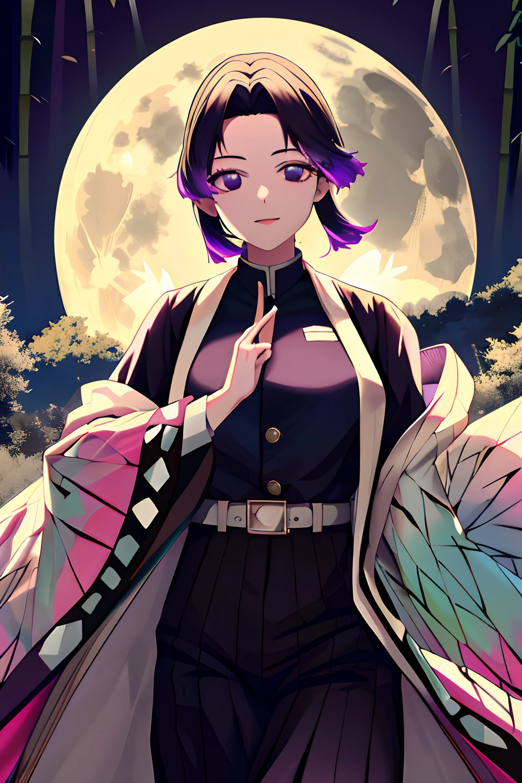 Master parts, best qualityer, highr, 1girll, in bamboo forest，In the background is a huge bright moon, Kochou Shinobu, Butterfly hair ornaments, Purple eyes, multicolored hair, Short hair, Separate strip, haori, longer sleeves, Black pantsuit, Black jacket, belt, Cowboy shot，The character faces the camera，Frontal photo，Wearing sunglasses