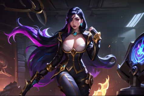 (League of Legends:1.5), high noon samira skin, 1girl, solo, long hair, breasts, black hair, gloves, holding, jewelry, medium breasts, jacket, weapon, braid, white hair, multicolored hair, earrings, boots, black gloves, pants, indoors, holding weapon, two-...