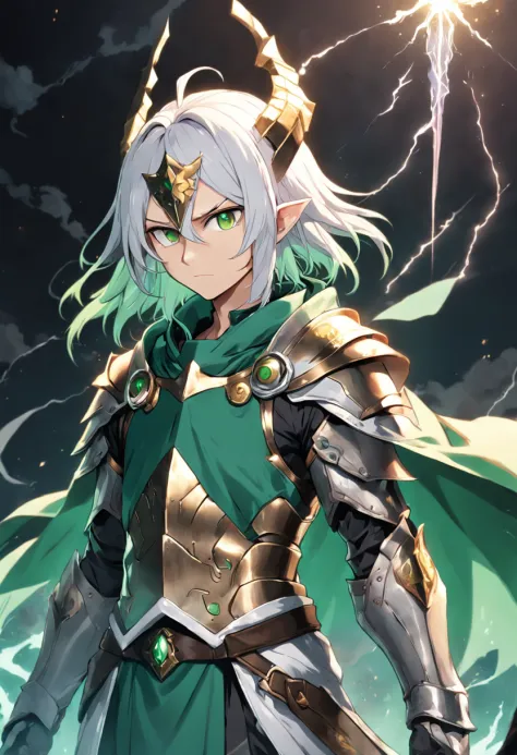 male people，One with a staff，Wear a brown-green robe，Close-up of a man in armor，Light armor，Silver armor，Storm with lightning reflection armor，alchemist，magestic，saints，He has white hair，cyan pupils，With a withered corolla on the head，The hood with a flowe...