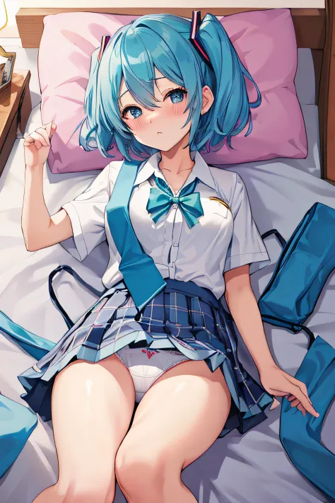 ​masterpiece、Top image quality、超A high resolution、miku hatsune、blue hairs、Short hair、Twin-tailed、Colossal tits、Blushing、Embarrassing appearance、Aid Dating、Just before having sex、Aid Dating、Just before having sex、high-school uniform、summer clothing、white  s...