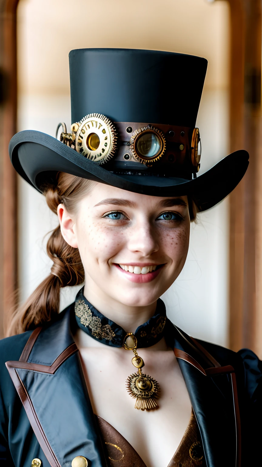 (one-1-person:1.2), Hermosa dama steampunk, pecas, Leer el cabello, sombrero de copa steampunk, gafas steampunk, gran sonrisa, maquillaje oscuro, fotografía hiperdetallada, Luz tenue, retrato de cabeza y hombros, cubrir