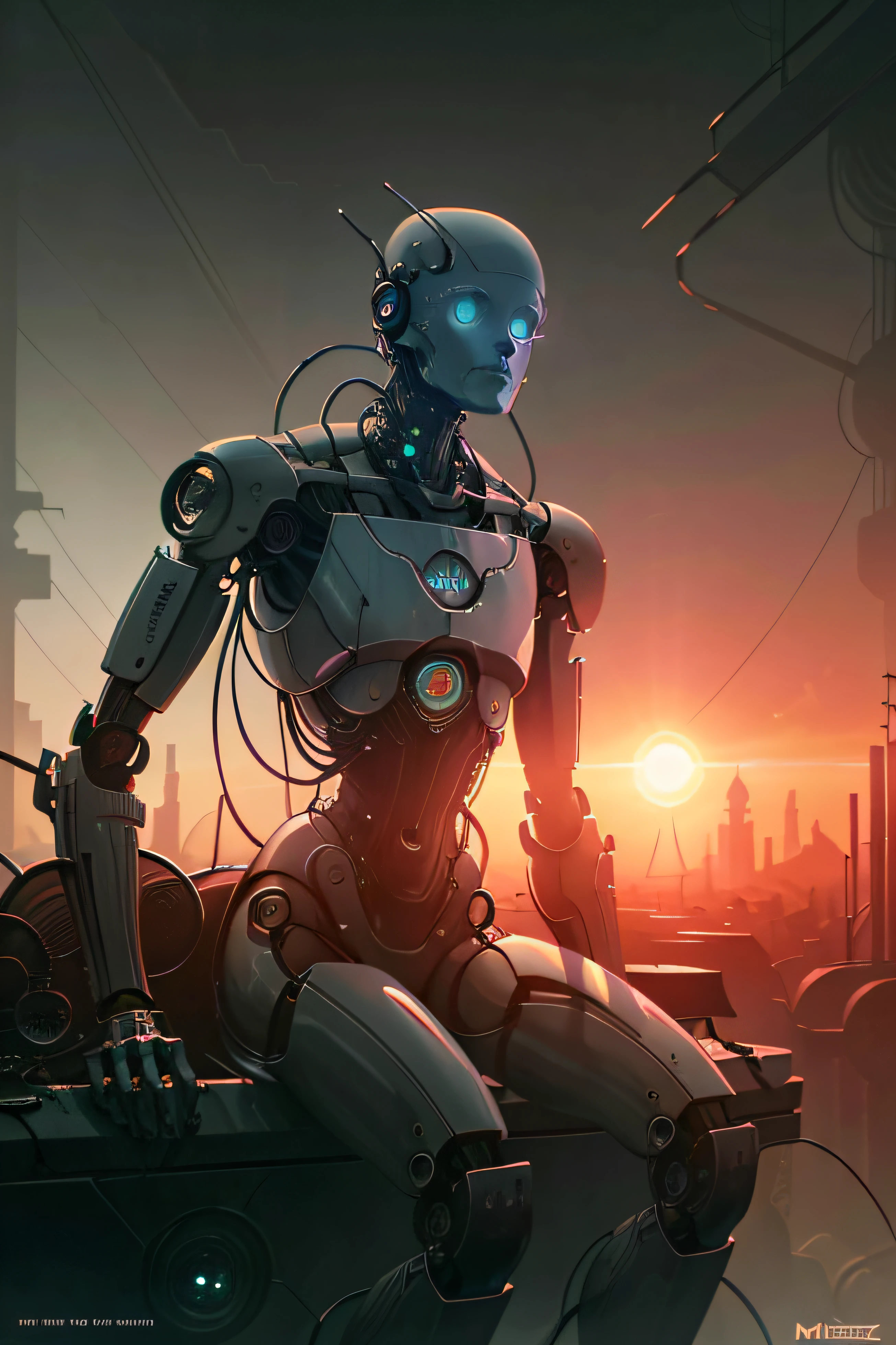 Un robot assis regardant le soleil se coucher sur une ville morte, son corps est réalisé avec des pièces provenant de machines anciennes,methurlant complexe surreal gritty atmospheric cinematic stylized contrast comic eerie cybernetic futuristic by moebius, chef-d&#39;œuvre, meilleure qualité, complexe, très détaillé:1.1, dessin, Jean Giraud